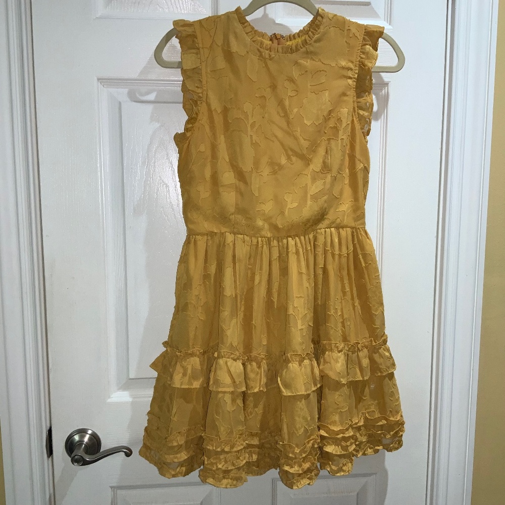 Lulu’s mustard yellow ruffle trim dress Sz S sleeveless zip back